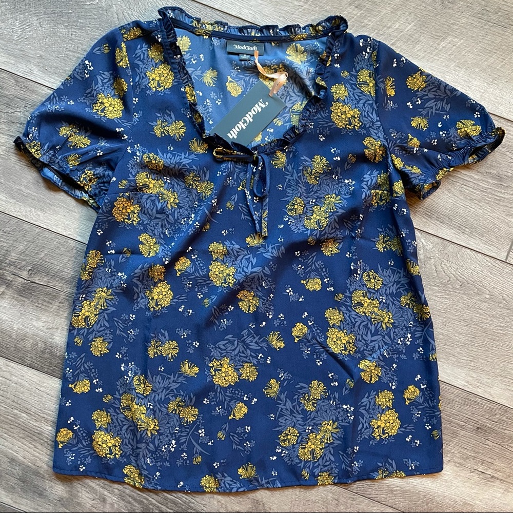 modcloth navy gold yellow floral blouse